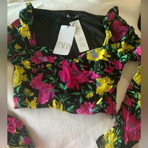 Zara Floral Off The Shoulder Fitted Wired Mesh Top Womens Sz M NWT
